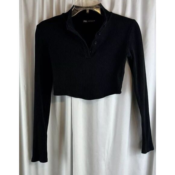 ZARA Long Sleeves Button-Up Mock Neck Cropped Top Black M eclectic 68-48 - Picture 7 of 13